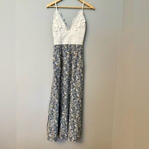 Rebellion Again Crochet Bodice Blue Floral Maxi Dress Festival Boho Country